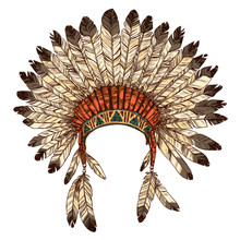 Hand Drawn Native American Indian Headdress. Vector Color Illustration Of Indian Tribal Chief Feather Hat