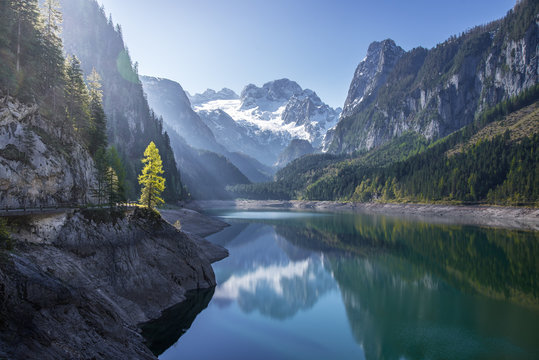 Dachstein glacier reflecting in Gosausee, Salzkammergut, Upper A