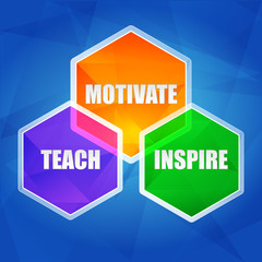 teach, inspire, motivate in hexagons, flat design, vector