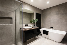 Modern Bathroom With A Shower Area And Bathtub