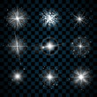 Shine stars with glitters and sparkles icons set. Effect twinkle, glare, scintillation element sign, graphic light. Transparent design elements on dark background. Varied template. Vector illustration