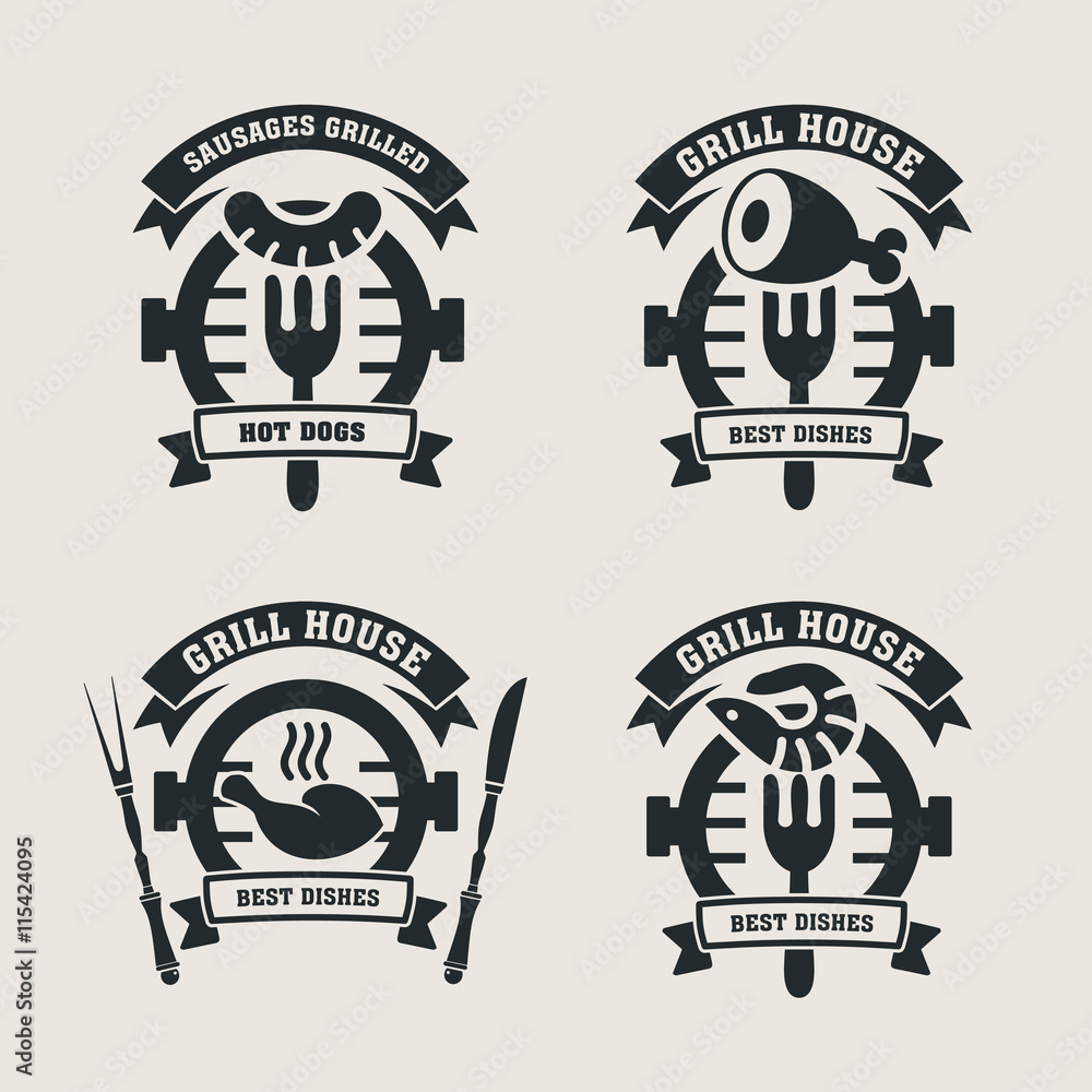 Set grill bar labels, logos. Label Steakhouse. The grill restaurant ...
