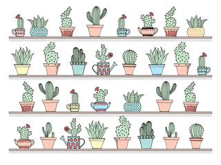 Wall Mural - Colorful background with cute cactus set in simple hand drawn style. Cute cartoon potted cacti background. Vector illustration.