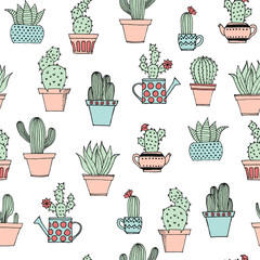 Wall Mural - Colorful seamless pattern with cute cactus in simple hand drawn style. Cute cartoon potted cacti pattern. Decorative houseplants. Vector illustration.