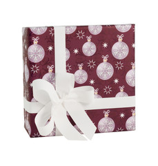 Wall Mural - Dark red paper wrap white christmas baubles balls gift box silk ribbon bow isolated