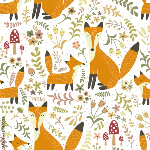 Adorable seamless pattern with cute foxes - Mother fox and her baby