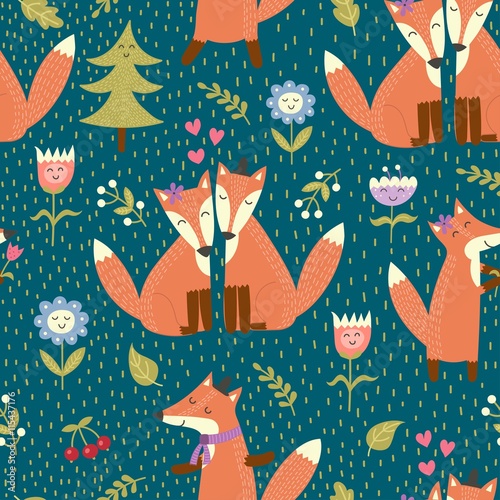 Obraz na płótnie canvas czteroczęściowy "tetraptyk" Szwu z cute lisy w lesie. 