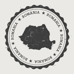 Wall Mural - Romania hipster round rubber stamp with country map. Vintage passport stamp with circular text and stars, vector illustration.