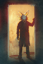 Man With Rabbit Mask Standing At The Door,illustration,digital Painting