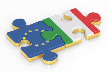 Italy and EU puzzles from flags, relation concept. 3D rendering