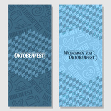 Vector Vertical Banners Bavarian Pattern Flag Oktoberfest. On Background Blue Rhombus Diamond Ticket Invitation - Symbols Oktoberfest: Mug Beer, Pretzel, Tyrolean Hat, Maple Leaf. Flyer Bavaria Fest