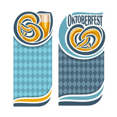 Wall Mural - Vector logo ticket invitation for oktoberfest menu, 2 isolated vertical banners: pint beer mug lager and pretzel. Bavarian pattern Oktoberfest flag blue rhombus. Beer cup alcohol drink with Pretzel