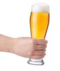 Wall Mural - female hand holding glass of beer isolated on white background