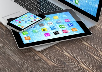 Poster - Laptop, phone and tablet pc. 3d rendering.