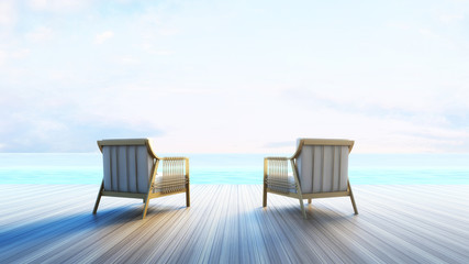 Wall Mural - Beach lounge - Sundeck on Sea view for vacation and summer / 3d render