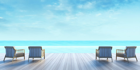 Wall Mural - Beach lounge - Sundeck on Sea view for vacation and summer / 3d render