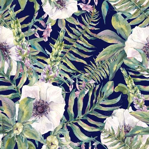 Foto-Gardine - Watercolor leaf seamless pattern with ferns and flowers (von depiano)