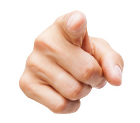 closeup of a male hand pointing, isolated on white background