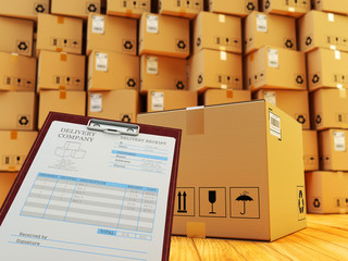 Wall Mural - Distribution warehouse interior, packages shipment, freight transportation and delivery service concept, clipboard with receipt form and cardboard box in front of stack of parcels