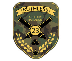 artillery military emblem patch with cannons, ribbon and oak branch. army chevron logo on comouflage