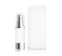Cosmetic Pump Bottle Small Size And White Box Isolated On White For Serum Container Mock Up And Cream And Gel Or Other Job.