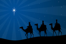Vector Illustration Of The Biblical Three Wise Men Heading Toward The Star Of Bethlehem.