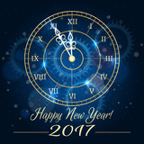 Fototapeta Big Ben - Happy 2017 new year vector background with blue clock