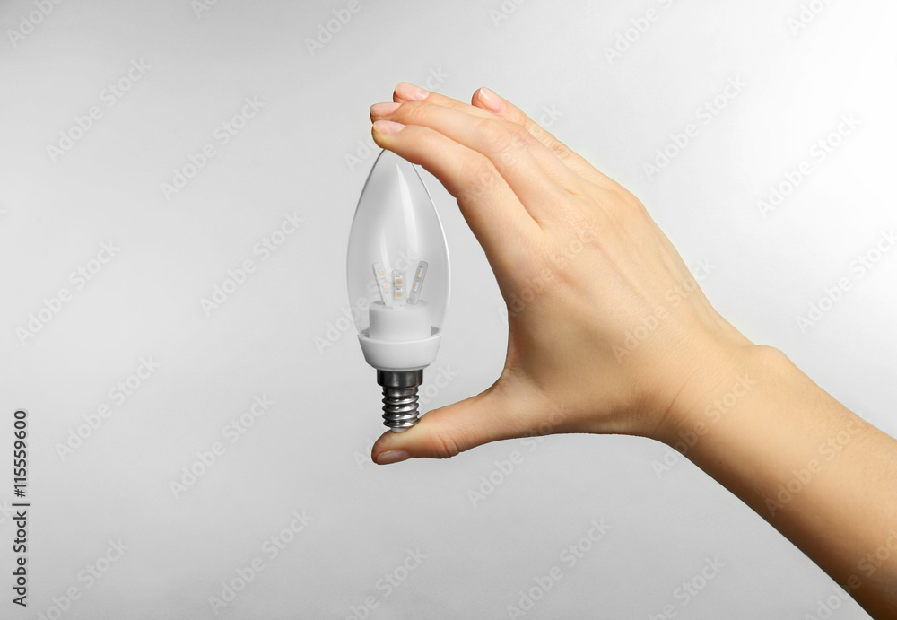Woman hand holding bulb on grey background