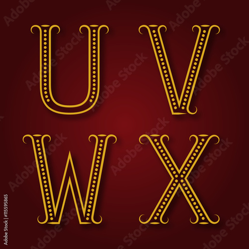 U V W X Golden Letters With Shadow Font Of Dots And Lines With Flourishes Type In Art Deco Style Stock Vector Adobe Stock