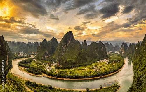 Cuadros en Lienzo Xianggong hill landscape of Guilin, Li River and Karst mountains