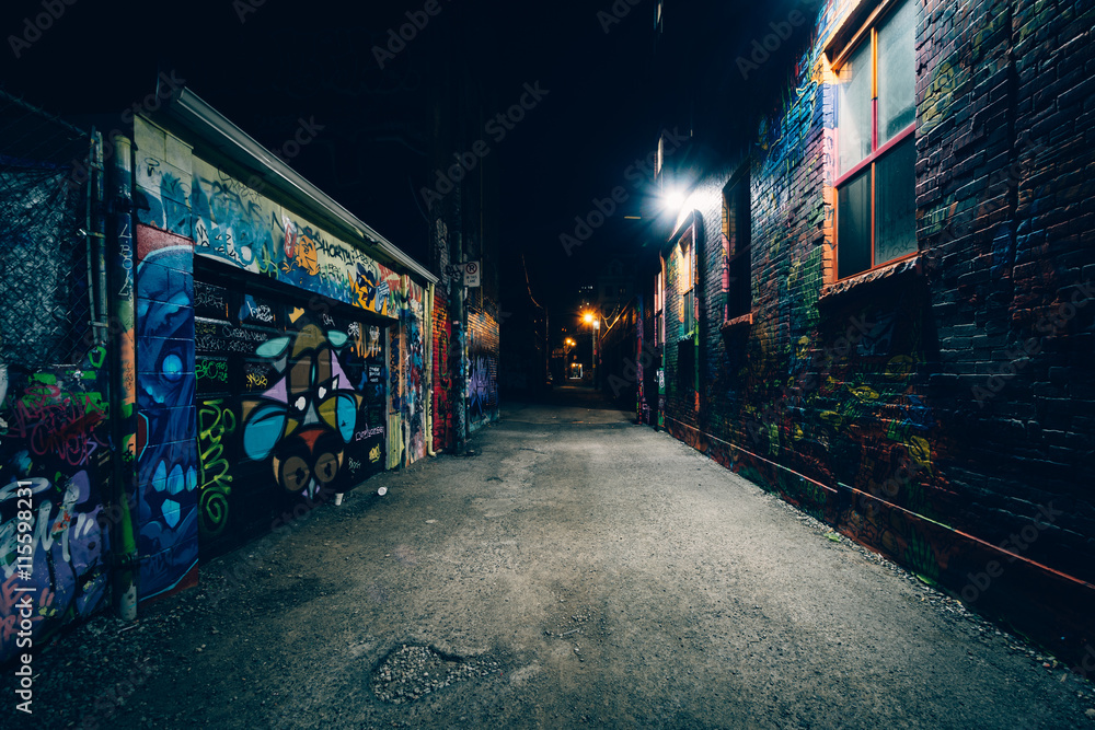 Graffiti Alley at night, in the Fashion District of Toronto, Ont - obrazy, fototapety, plakaty 