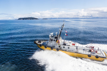 Poster - Yellow Pilot Boat Speeding Across Harbor