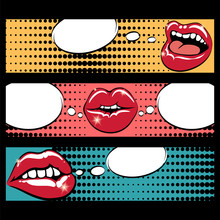 Pop Art Style Web Banners With Mouth Speech Bubbles And Halftone Effects. Vector Illustration