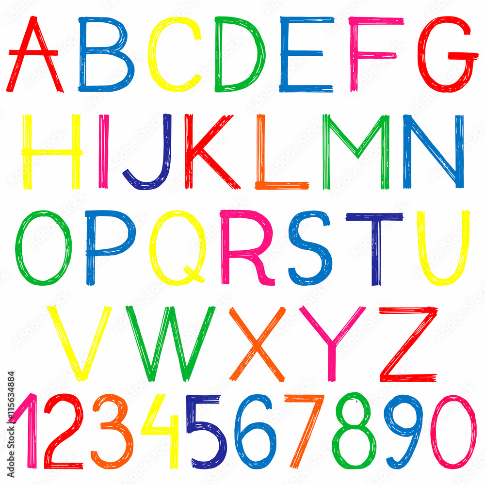 english alphabet and numbers doodle style sketch illustration hand ...