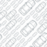 Vector seamless monochrome pattern with outline cars. Top view isolated line car icons. Street traffic, parking, transport or car repair service concept. Automobile simple background.