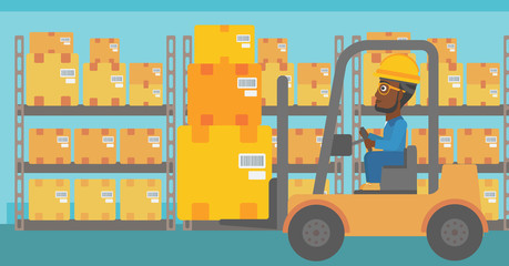 Wall Mural - Warehouse worker moving load by forklift truck.