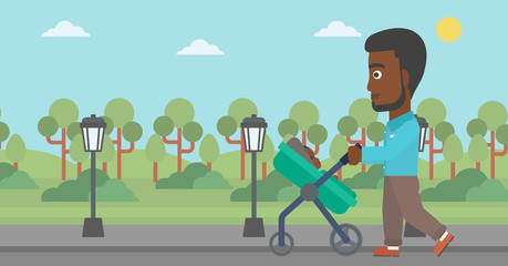 Poster - Father walking with his baby in stroller.