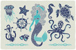 Marine illustrations set. Mermaid drawing. Octopus. Ocean turtle. Ship wheel. Binocular. Sea horse. Jellyfish. Anchor.