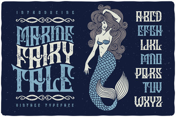 Wall Mural - Marine fairytale font with beautiful mermaid illustration. Vintage decorative type set.