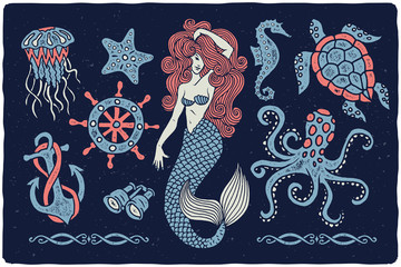 Wall Mural - Marine illustrations set. Mermaid drawing. Octopus. Ocean turtle. Ship wheel. Binocular. Sea horse. Jellyfish. Anchor.