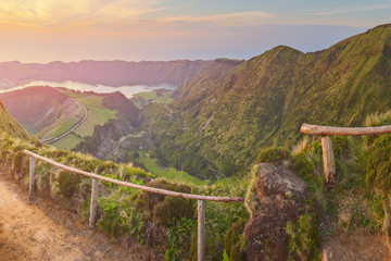 Wall Mural - Mountain landscape with hiking trail and view of beautiful lakes, Ponta Delgada, Sao Miguel Island, Azores, Portugal