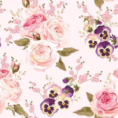 Wall Mural - Roses and pansies seamless background