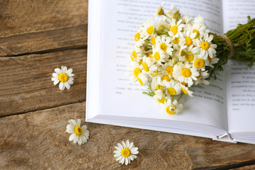 Poster - Chamomile bouquet with book, closeup