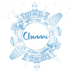 Outline Chennai Skyline with Blue Landmarks and Copy Space.