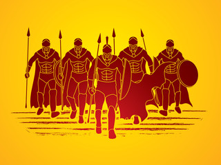 Group of Spartan warrior walking with a spear graphic vector.