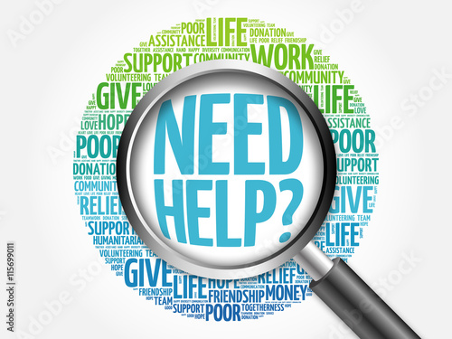 Fotografía Need help? word cloud with magnifying glass, business concept 3D illustration