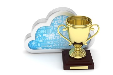 Isoalted golden cup with cloud on white background. Silver contour cloud. Concept of cloud storage competition. Leader cloud drive. Best storage contest. 3D rendering.