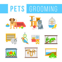 Animals Pets Grooming Flat Colorful Vector Icons. Dog With A Bowl, Bedding And Toys. Cat With A Ball And Cat Tree. Canary, Rabbit, Parrot, Hamster, Chameleon, Frog, Snake In Cages. Fish In Aquarium
