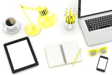 Wall Mural - Office workplace set on white table. Pc, tablet, smartphone, notebook, yellow stationery, yellow glasses, cup of coffee.