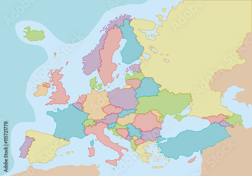 Naklejka samoprzylepna Polityczna mapa Europy z kolorami i granicami dla każdego kraju